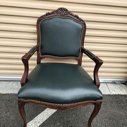 19th Century Throne Seat In The Style Of Louis Xv, Green Leather  And Carved Wood 