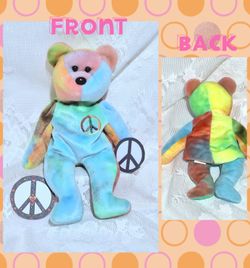 PEACE the Tie-Dye Bear: Ty Beanie Baby, First Version, rainbow peace emblem 1996