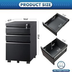 3 Drawer Mobile File Cabinet with Lock, Under Desk Metal Filing Cabinet for Home Office/Legal/Letter/A4 File, Fully Assembled Except Wheels, Black