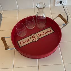 “Cold drinks 5 Cents” Tray With Glasses And Carafe 