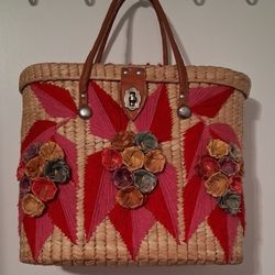 Vintage Mexican Market Tote Straw/leather Floral Handmade Artisan  Handbag Purse Picnic 