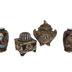 Vintage Japanese Satsuma-Style Porcelain Vases & Incense Burner