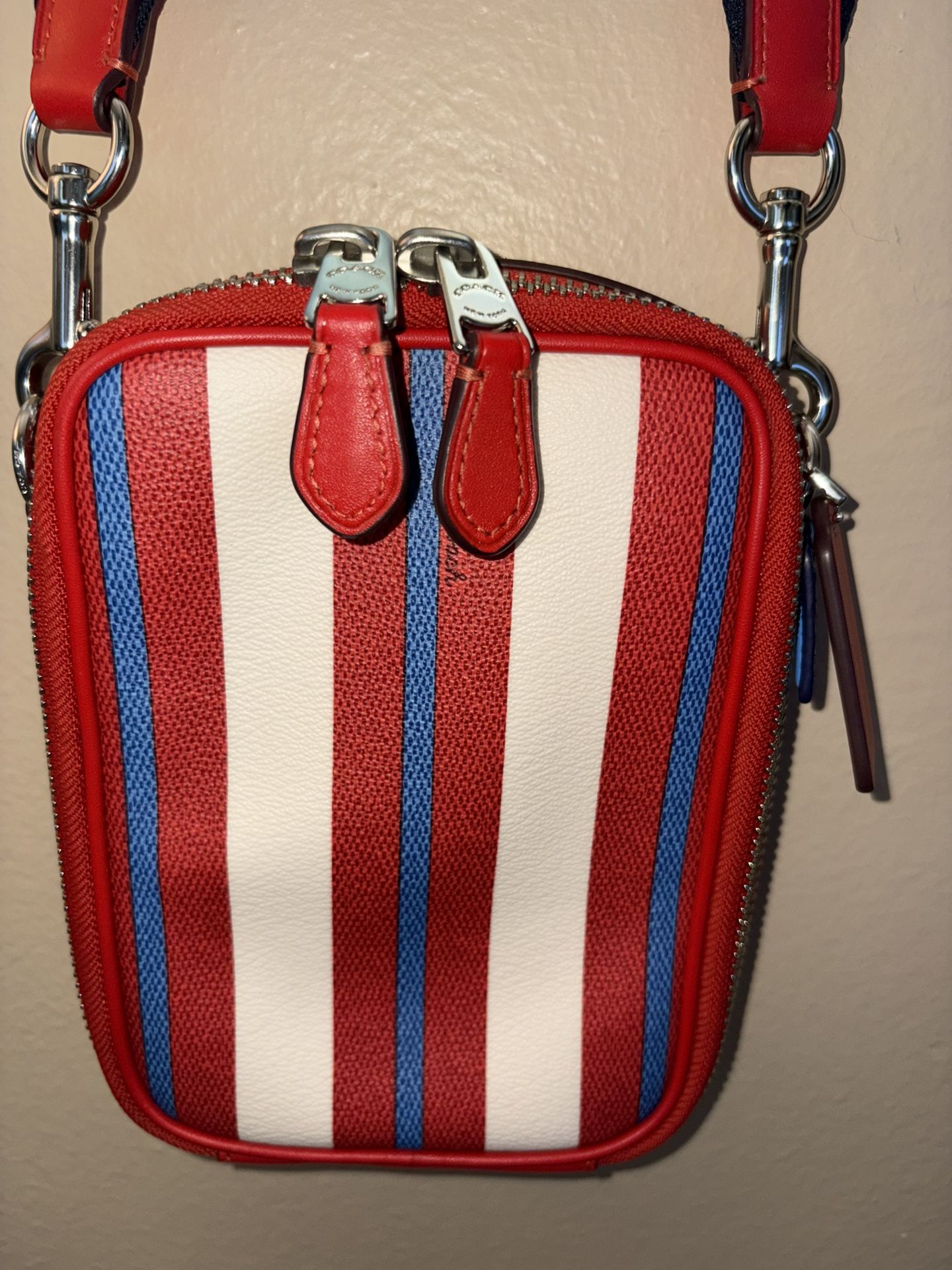 COACH Double Zip Camera Bag & Wallet Set - Red/White/Blue Varsity Stripe