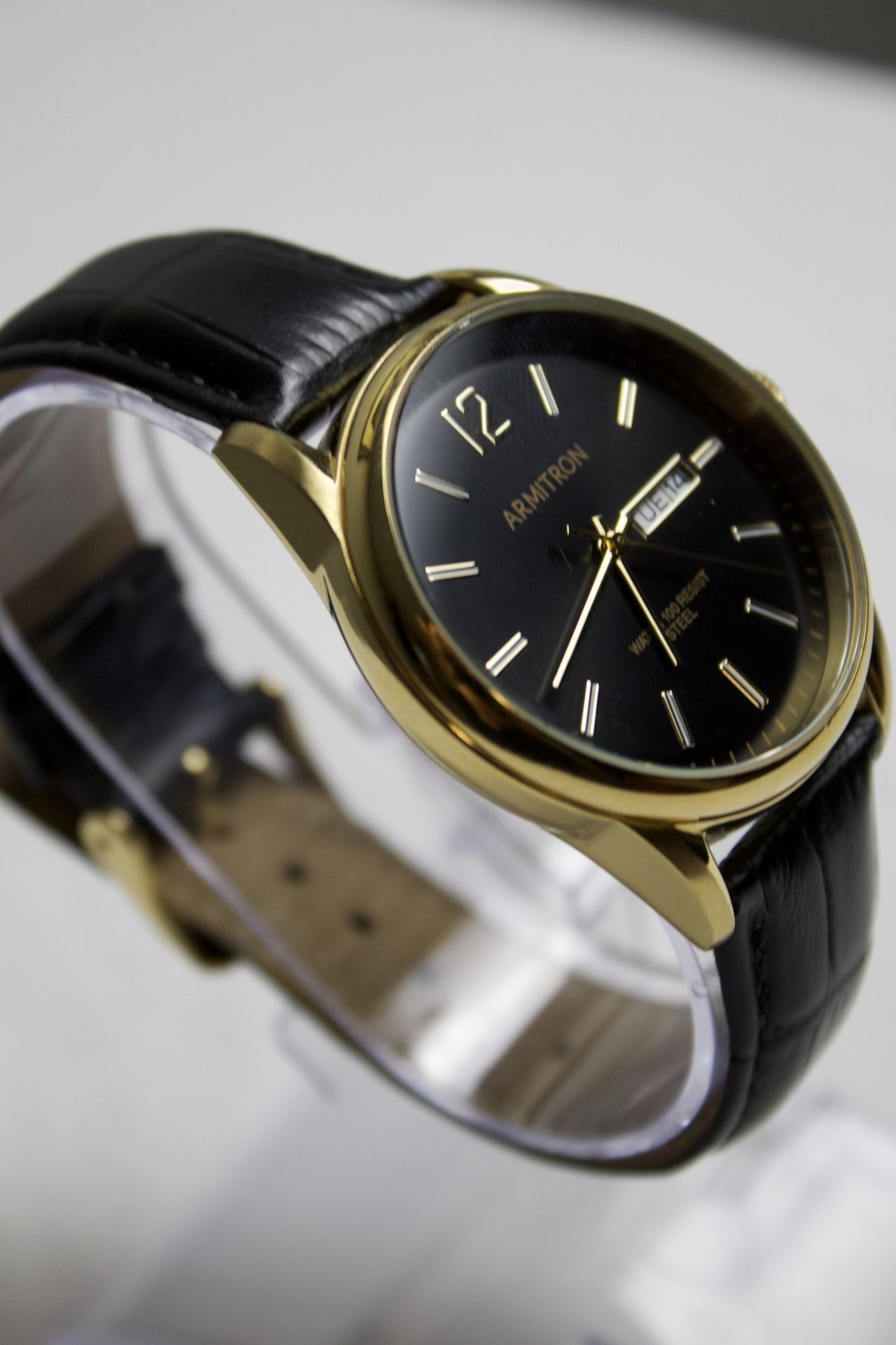 Armitron Watch Men 39mm Gold Tone Black Round Dial Date Leather Strap New Batt./