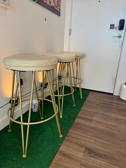Set of 3Gold Bar Stools with Cream Seats