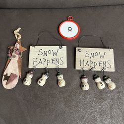 Winter Folk Art “ Snow Happens “ Decorative Hanging Plaque For Door Or Wall