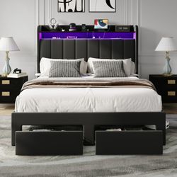 Full Size Platform Bed Frame with 2-Tier LED Storage Velvet Wingback Headboard & 2 Storage Drawers, USB & Type-C Charging Ports, Black
