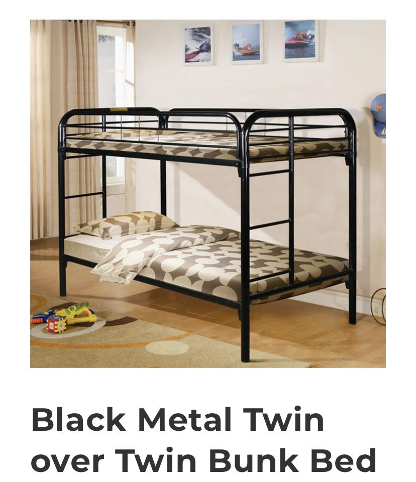 Black Metal Twin over Twin Bunk Bed with 2 FREE Mattresses