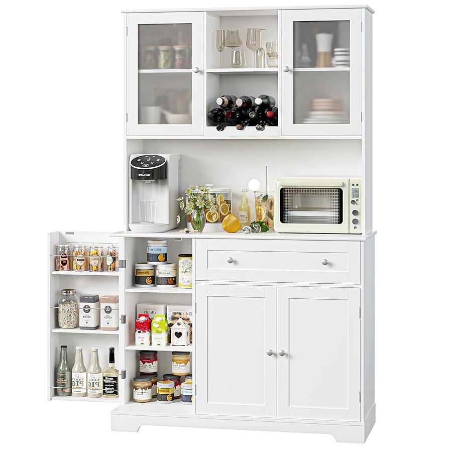 Kitchen Pantry Storage Cabinet, Modern Buffet Cabinet with Hutch, Tall Kitchen Hutch with Microwave Stand, Food Pantry with Doors and Shelves | Wine R
