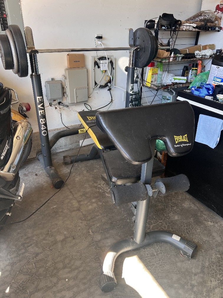 Weight Bench, Barbells, Dumbells and Weights