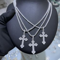 Iced Out 3mm Tennis Chain and Cross Pendant Set — PASSES DIAMOND TESTER