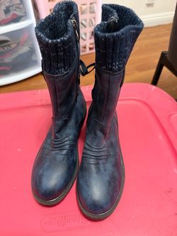 Navy Blue Leather Knit Cuff Boots