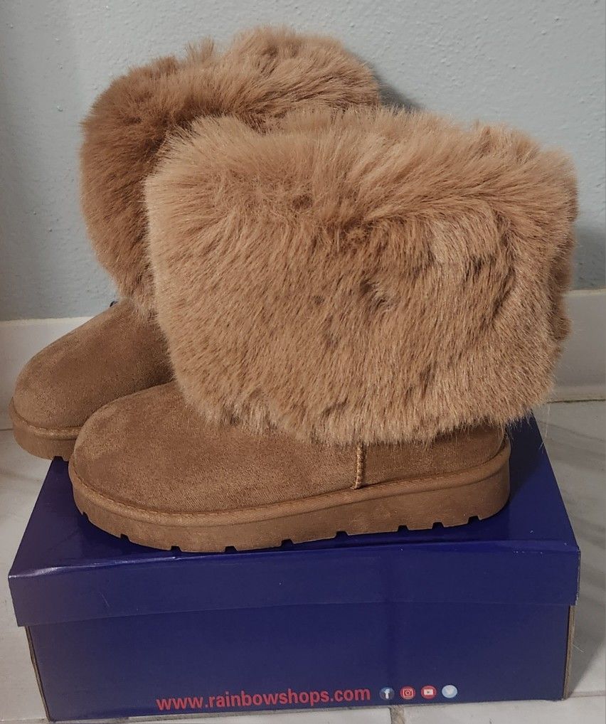 New Camel color fur boots, size 7