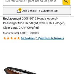 Honda 2008-2012 Honda Accord Passenger Side Headlight with Bulb Halogen Clear Lens CAPA Certified