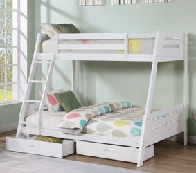 Brand New White Twin Over Full Bunk Bed with Trundle Drawers