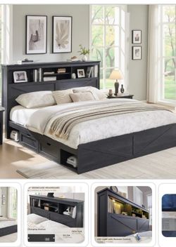 NEW Farmhouse King Size Wood Bed Frame With Storage Headboard And Drawers
