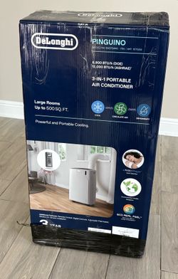 Barely used DeLonghi Pinguino PAC EM375WRC portable air conditioner (12,000 BTU ASHRAE / 6,900 BTU DOE), ideal for rooms up to 500 sq. ft., with cooli