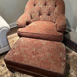 Chair and Ottoman from Lee Furniture in VG Condition Very comfortable. Fabric and leather. Smoke free household. 