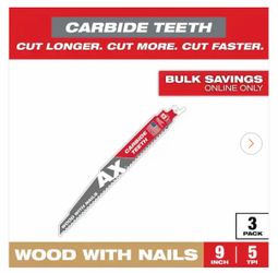 Milwaukee 9 in. 5 TPI AX Carbide Teeth Demolition Nail-Embedded Wood Cutting SAWZALL Reciprocating Saw Blades (3-Pack)