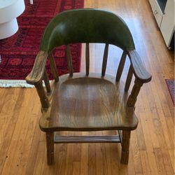 Vintage Handmade Wooden Chair - Green Leather