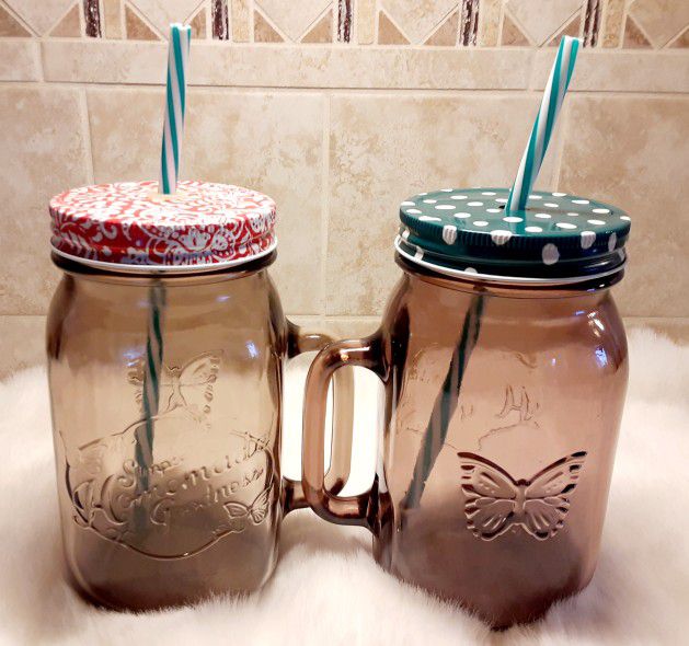 Set Of 2 Pioneer Woman Plum Color Mason Jar Drinking Mugs W/Lids