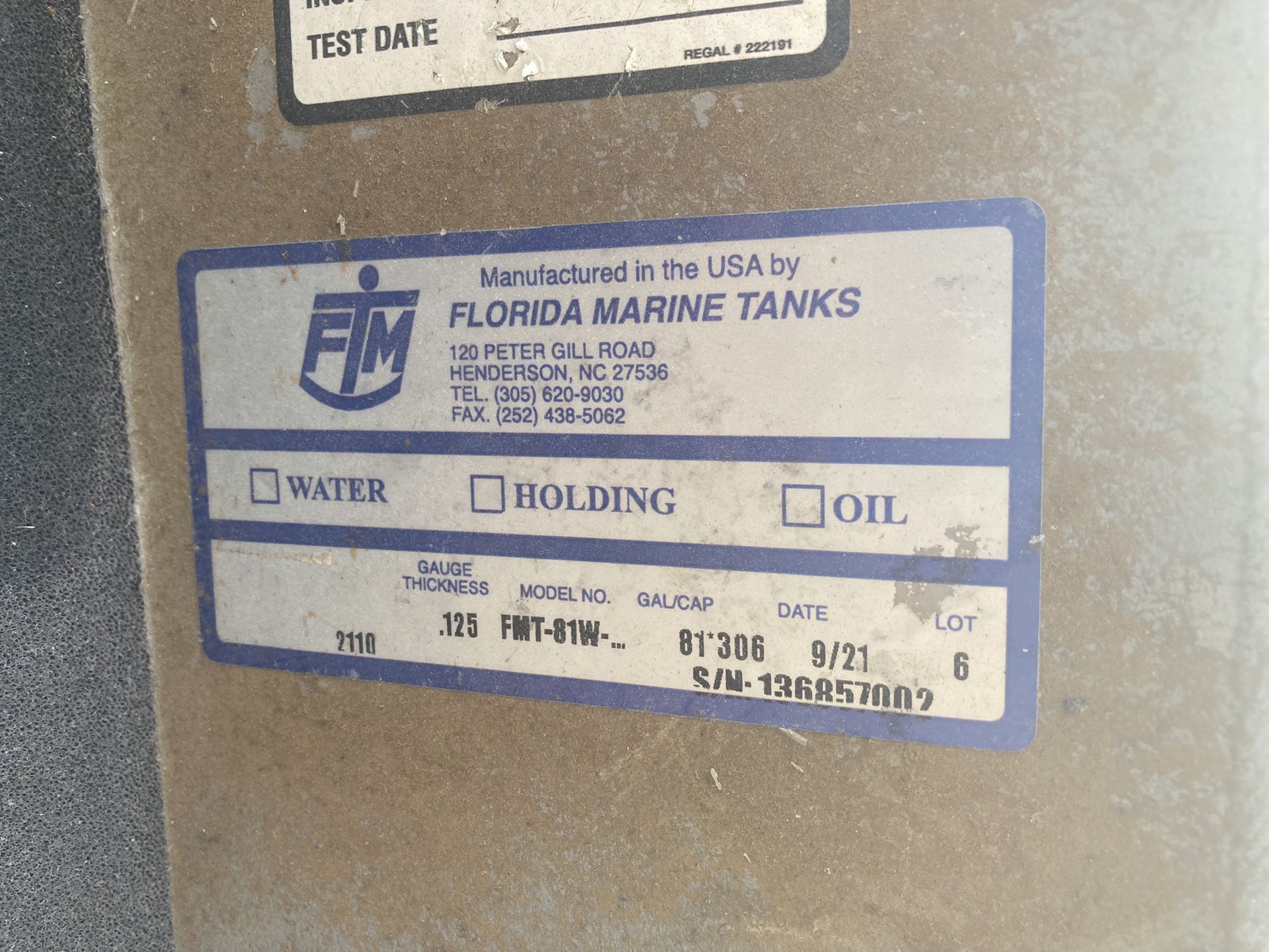 Florida Boat Fuel Gas Tank FMT-81W 81 Gallon Aluminum 