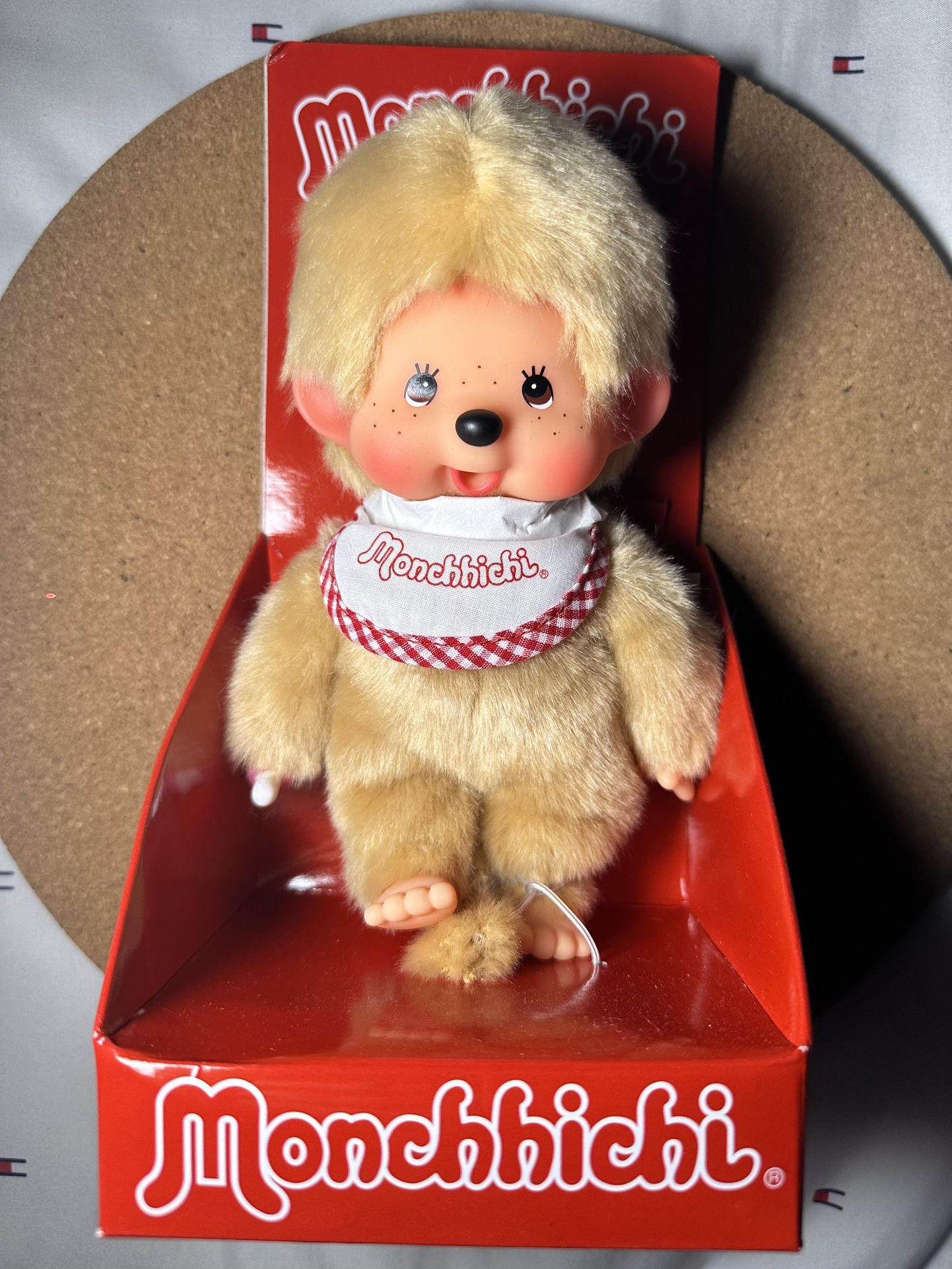 MONCHHICHI BOY Sekiguchi 7.75"H Original Red Bib Collectible Plush Monkey Doll