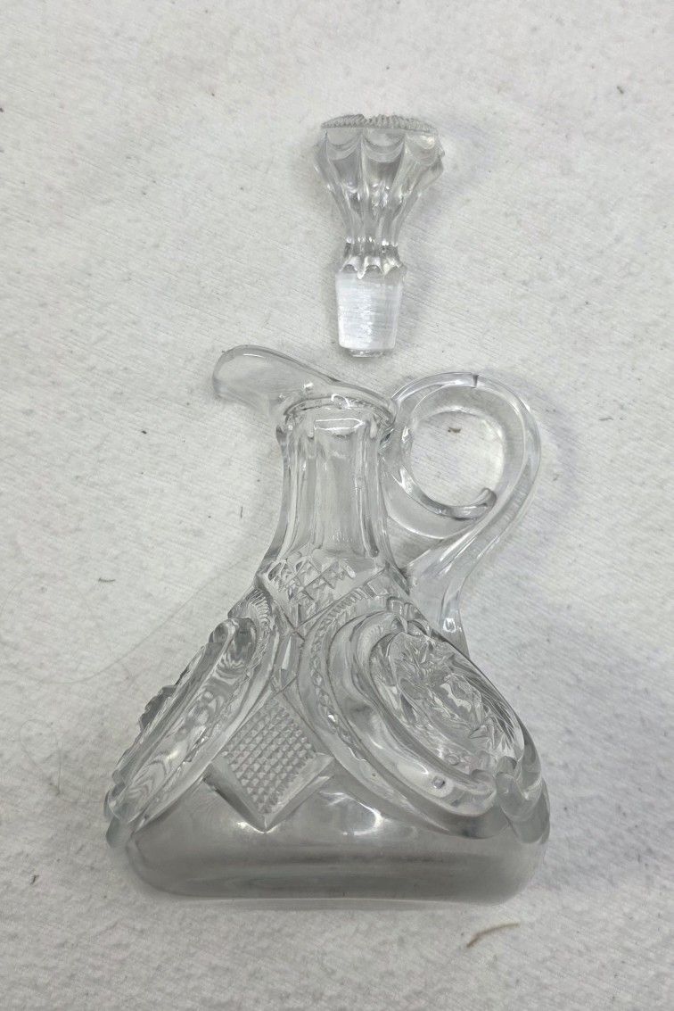 Vintage Hand Blown Into Mold Cruet & Stopper, Pressed Glass Handle