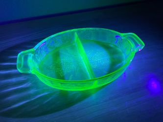 Vintage Uranium Green Depression Glass Jeanette Floral Poinsettia Two Part Divided Oval Relish Dish with Handles