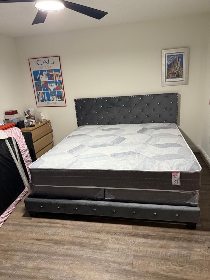 NEW BED FRAME KING SIZE WITH MATTRESS AND BOX SPRING