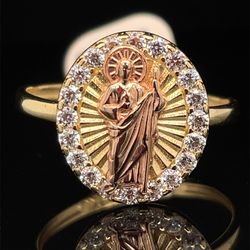 14KT Two Tone Gold CZ San Judas Ring 2.70g Size 8 I-1086