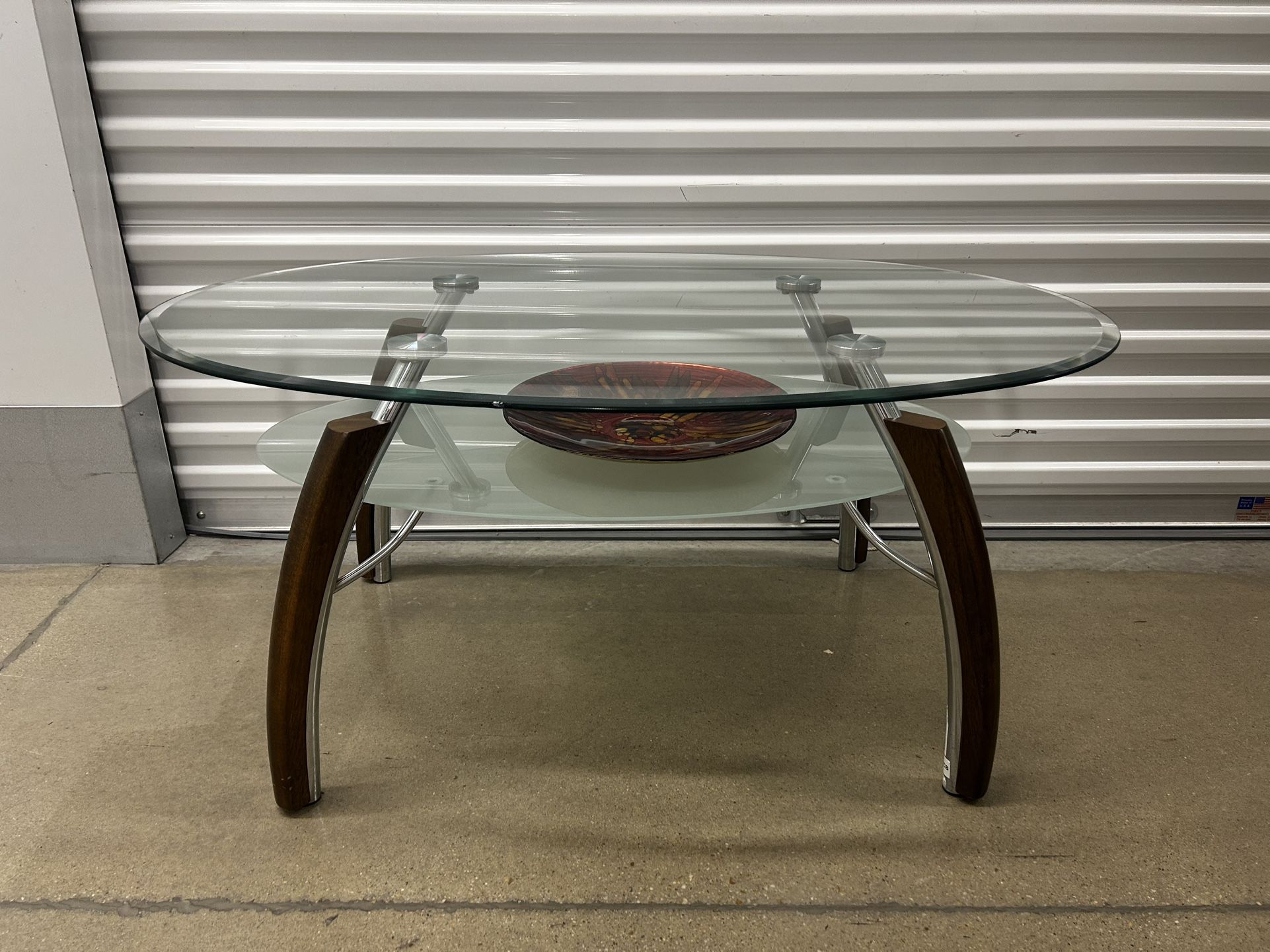 Glass Coffee Table With Wooden And Steel Legs