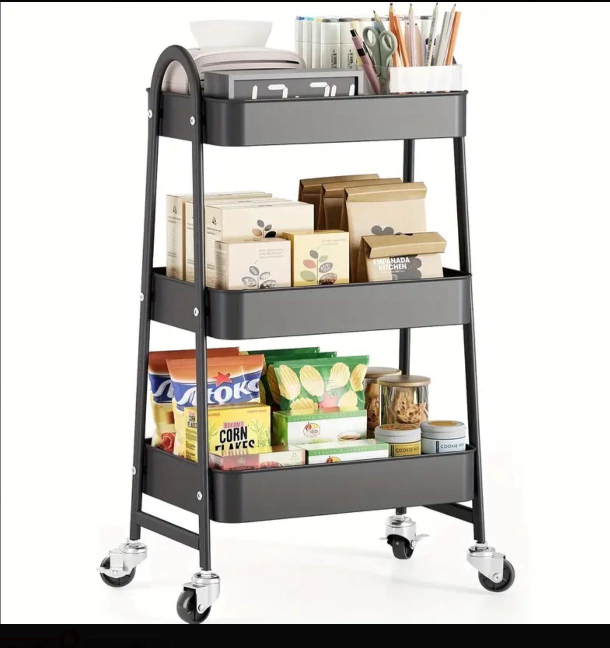 Heavy-Duty 3-Tier Rolling Utility Cart with Lockable Wheels - Durable Metal Storage Organizer for Kitchen,