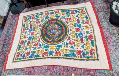Vintage Mexican Reversible Aztec Calendar Blanket