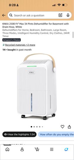 KNKA 34 Pint Dehumidifier with Drain Hose