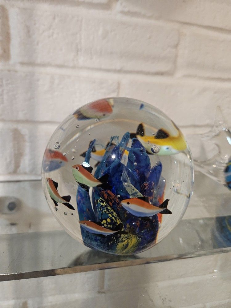 Genuine Murano Art Glass Paperweight, Vintage Venetian Italian, Fish Aquarium Coral Design