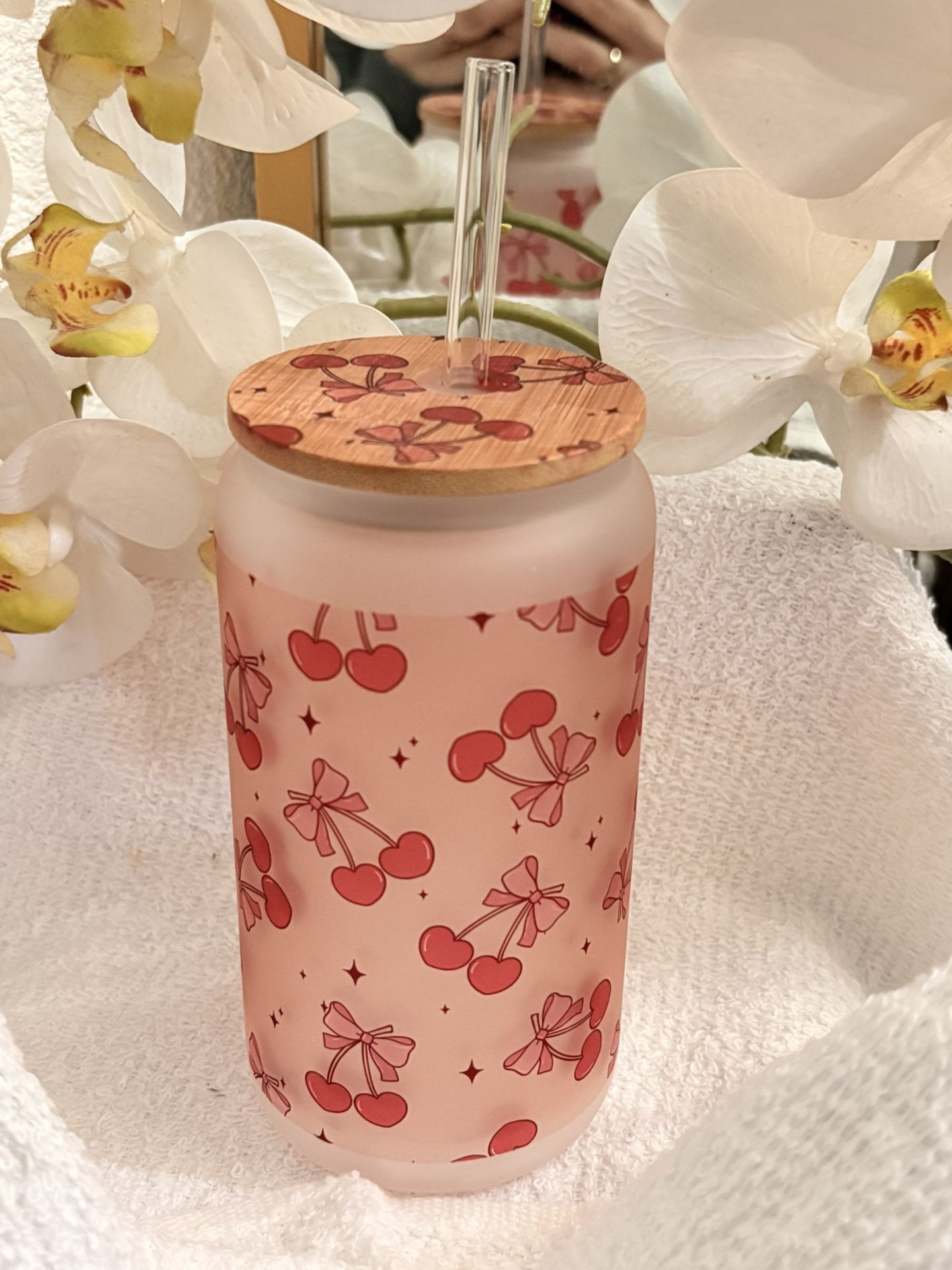 โจ Cherry Frosted Glass Cup with Bamboo Lid & Glass Straw โจ