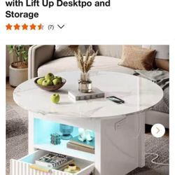 31.5 In Glossy White Marble Color Round Wood  Coffee Table With Lift Up Desk Top And Storage 