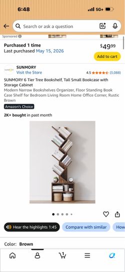 SUNMORY 6 Tier Tree Bookshelf, Tall Small Bookcase with Storage Cabinet