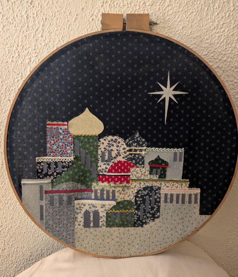 Middle Eastern Bethlehem 18.5" Round, Wooden Hoop Fabric Collage. Christmas Holiday Decoration. RARE