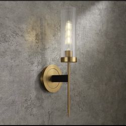 KS #081818 Modern Minimalist 1-Light Cylinder Clear Ribbed Glass Shade Wall Sconces In Gold&Black