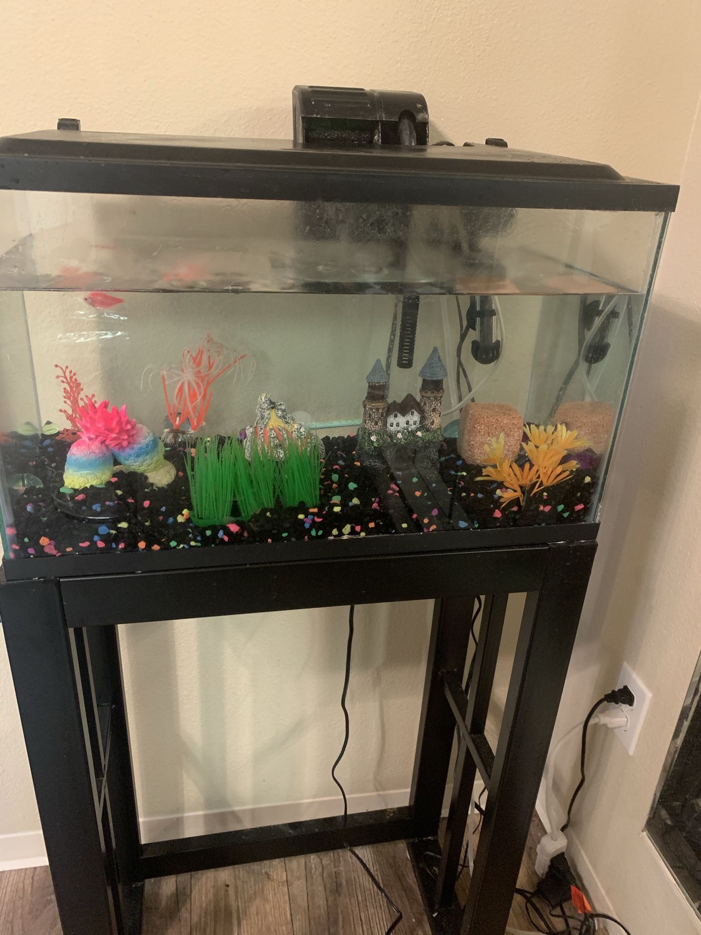 10 gallon Fish tank with stand filter decor One GloFish Included heater also has a bubble wand