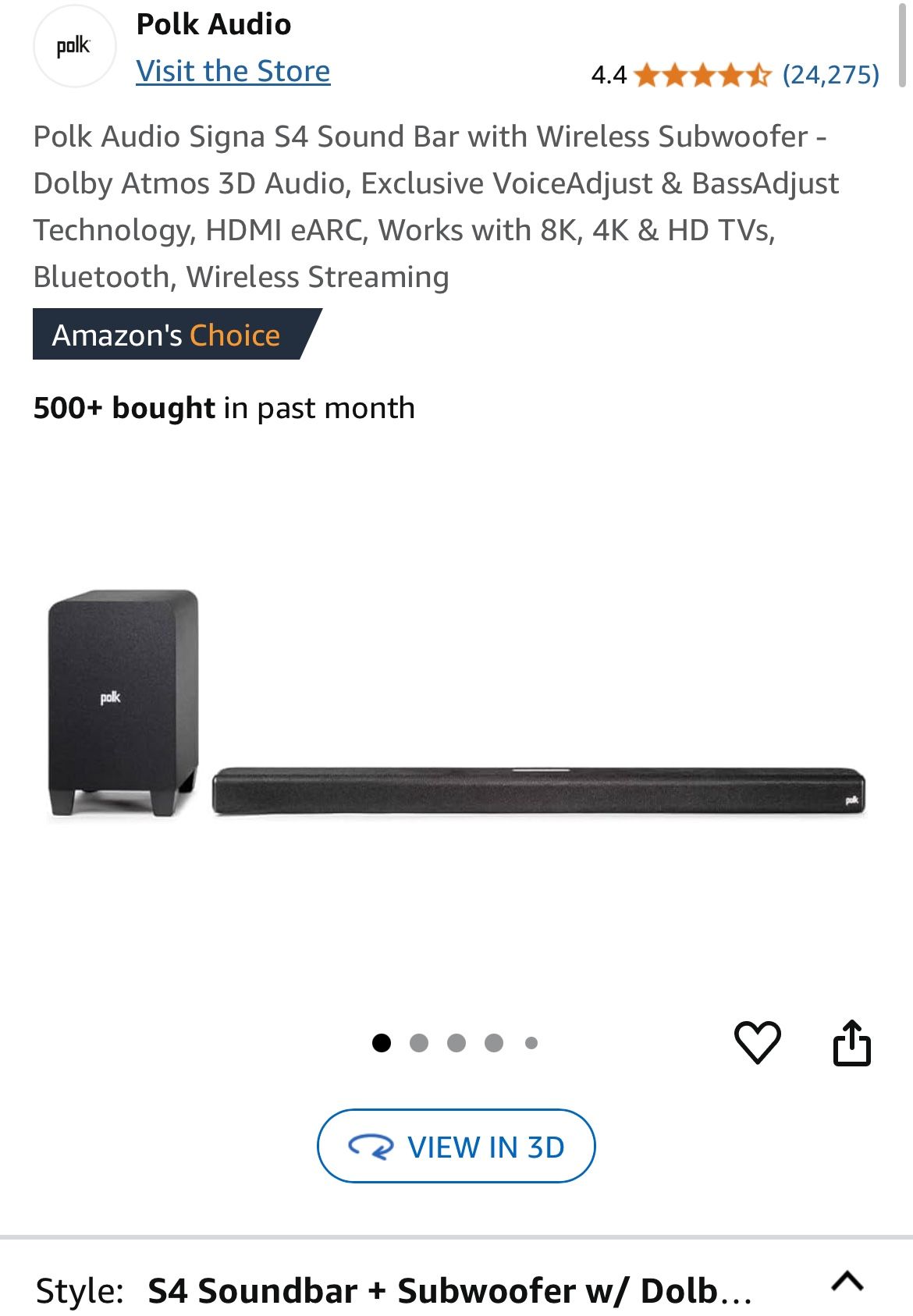 Polk Audio Signa S4 Sound Bar with Wireless Subwoofer - Dolby Atmos 3D Audio, Exclusive VoiceAdjust & BassAdjust Technology, HDMI eARC, Works with 8K,