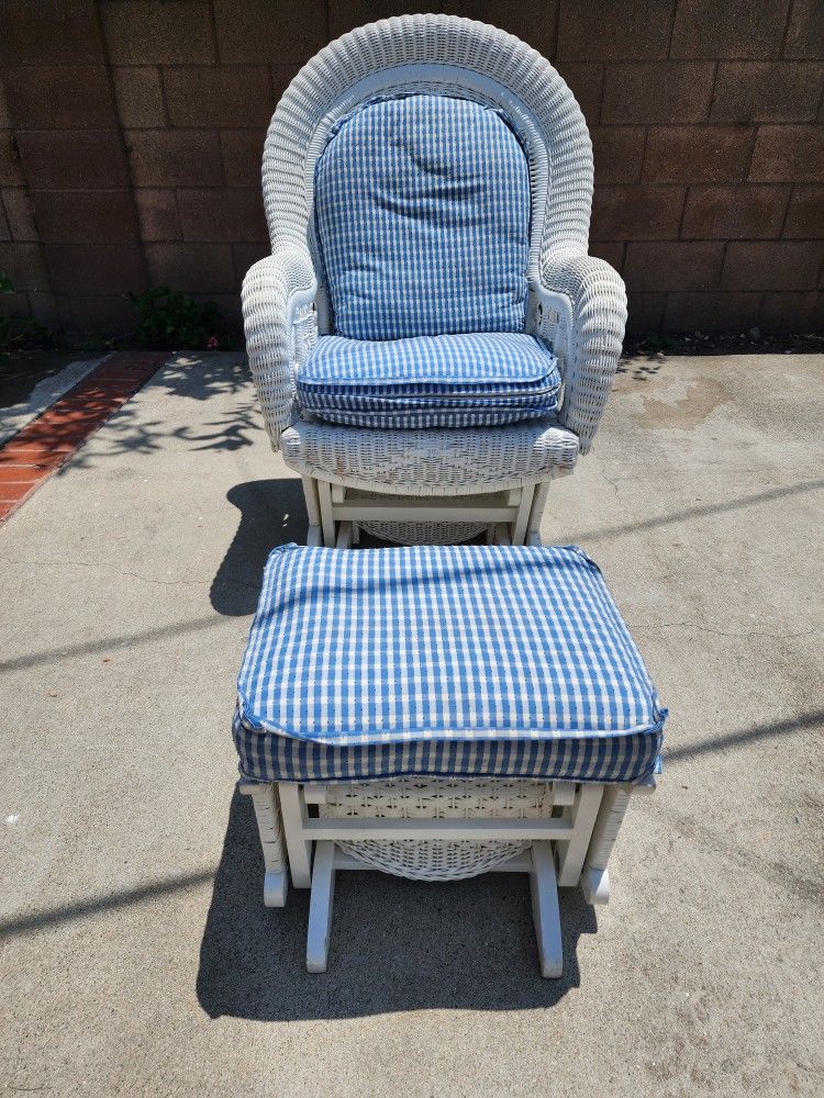 White Rattan Glider Rocker Chair With Foot Rest