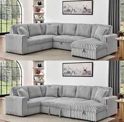 122” modular sleeper sofa with chaise, storage, pull-out bed, and charging ports
