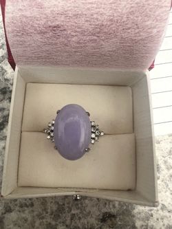 Real Lavender Jade Natural Diamonds Cabochon Cocktail Ring 18K White Gold