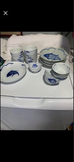Vintage Blue Fish Ceramic Dinnerware Set - 25Pieces