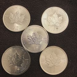 Silver Coin Lot Of 5. Canadian Maple Leaf. .9999 Silver
