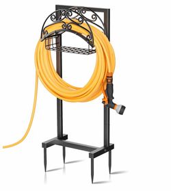 Garden Water Hose Holder with Storage Basket for Outside Holds 151ft Heavy Duty Freestanding Hose Reel Hanger & Stand, Detachable Metal Storage Rack,
