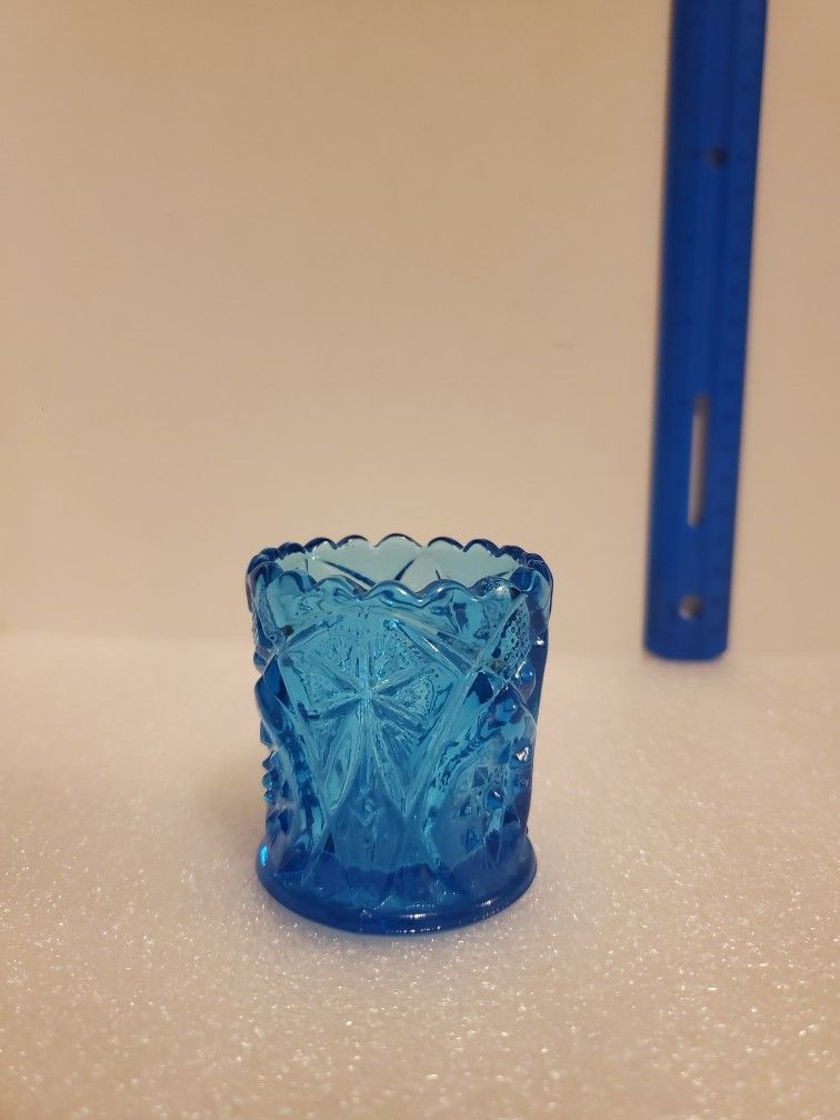 Vtg Kanawha Pressed Glass Bicentennial Blue Toothpick Holder Eagle Star Motif
